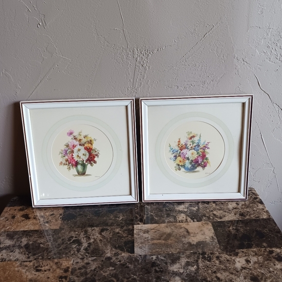 Other - Set Of Two Vintage Framed Prints of Floral Bouquets Art By M Black Cottage Core